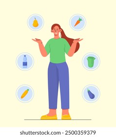 La mujer pierde peso. Muchacha joven regordeta cerca de verduras y frutas. Una dieta saludable y una nutrición adecuada. Figura y forma del cuerpo. Ilustración vectorial plana aislada sobre fondo blanco