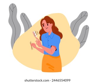 Woman losing hair concept. Young girl with comb and hair. Character suffer from alopecia. Lack of vitamins and unhealthy lifestyle. Cartoon flat vector illustration isolated on white background