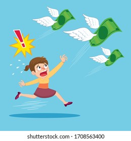 Woman Losing Money Flying Away, Illustration Vector Cartoon