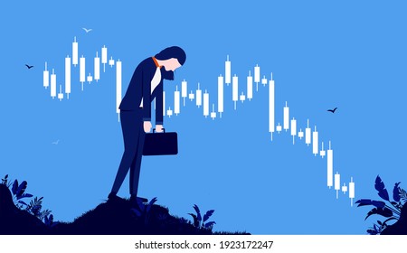 Woman losing money in the stock market - Female Investor feeling sad over financial loss and economic downturn. Vector illustration.