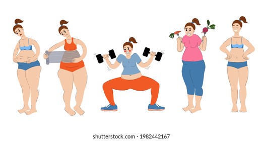 Woman Is Losing Weight. Woman Is Engaged In Fitness, Eating Healthy Food, Doing Spa Treatments And Body Wrap. The Girl Looks After Herself And Prepares For The Summer. Stock Vector.