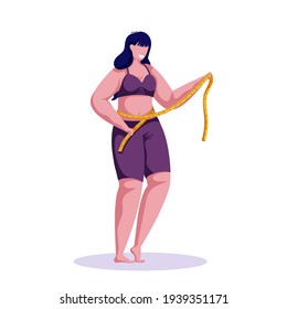 Woman is losing weight on a diet. Measuring waist by yellow measure tape. Girl trying to control her body shape. Cartoon female character. Vector. White background.   
