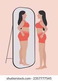 Woman losing weight and wearing exercise clothes,posing near mirror, woman feeling satisfied with results of her diet and slimming,Vector illustrations.