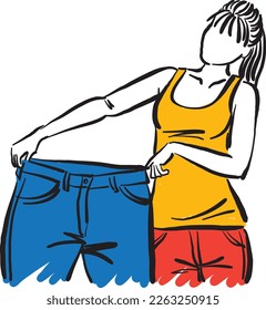 woman loss weight concept hanging big pants vector illustration
