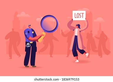 Woman with Lost Banner in Crowded Place, Policeman Character with Magnifier, Big City Social Problem, Human Behavior in Stress Situation, Urban Frustration in Crowd. Cartoon People Vector Illustration