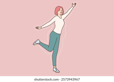 Woman lost excess weight feels light and surge of vitality and happily stands on one leg. Silhouette of obese man around girl stretching to avoid appearance of excess weight or belly