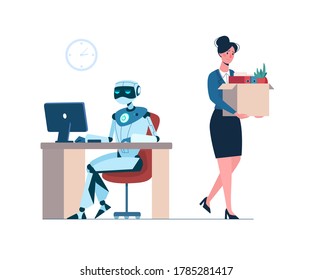Woman lost her job due to robotics. The robot is in the workplace, and person is fired. Business people, unemployment. Artificial intelligence has replaced humans. Flat vector illustration isolated