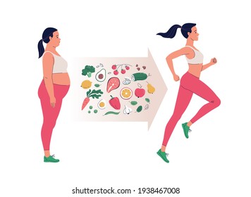 The woman lost weight after the diet. Vector cartoon illustration of a young sad overweight woman and an equally happy running woman with a slim body and healthy food in between. Isolated on white.