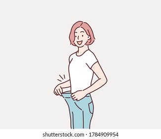 Woman lost weight. Good diet. Very big jeans on a girl. Hand drawn style vector design illustration.