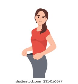 Woman lost weight. Good diet. Very big jeans on a girl. Flat vector illustration isolated on white background