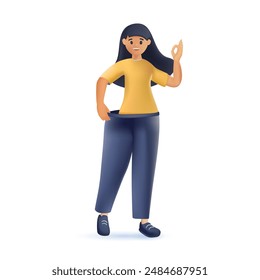 La mujer perdió peso. Joven delgada mujer afroamericana en jeans grandes disfruta de resultados de pérdida de peso con el cuerpo abstracto gordo alrededor. Buena dieta. Unos vaqueros muy grandes para una chica. Ilustración de diseño de Vector de estilo 3D