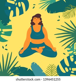 Woman in lotus ardha padmasana asana yoga position. Body positive girl skin meditates and relax in tropics and sand.  Female in harmony with herself, mental and body health. Vector flat