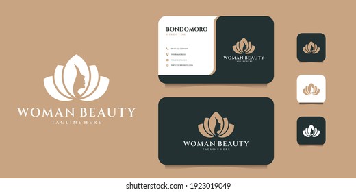 Woman lotus feminine logo design with business card template. Suit for decoration, icon, brand, identity, spa, floral, yoga, relax, and business company