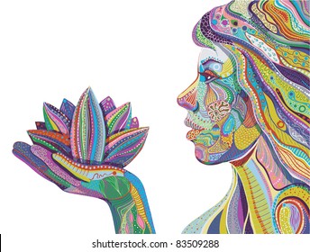 woman with lotus flower, bright ornate pattern vector