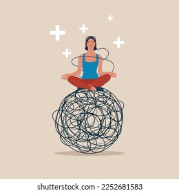Woman in lotus meditation on chaos mess line with positive energy. Stress management, meditation. Flat vector illustration.