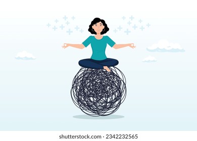 Woman in lotus meditation on chaos mess line with positive energy, stress management, meditation or relaxation to reduce anxiety, control emotion during problem solving or frustration work (Vector)