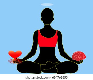 Woman in lotus meditation position with heart and brain in hands. Spiritual balancing. Mindful meditation concept illustration vector.
