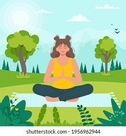 Woman in lotus pose, doing yoga in the Park. Relaxing healthy fitness concept. Summer activity. Vector illustration in flat style