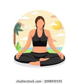 Woman in lotus pose doing yoga in nature. Vector character. Cartoon drawing. For web site design and templates.