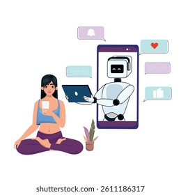 Woman in lotus pose with drink chatting with robot assistant on smartphone, surrounded by message bubbles