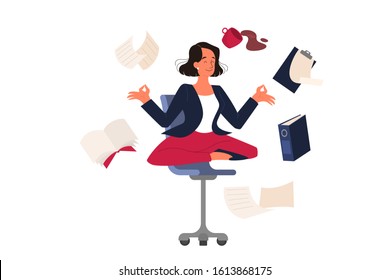 Woman in lotus pose. Employee meditate against stress. Deadline concept. Idea of many work and few time. Flat vector illustration