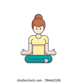 Woman in lotus pose meditates. Flat vector illustration.