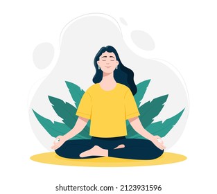 Woman in lotus pose. Pilates, yoga and meditation. Nature and fresh air. Relaxation and relaxation, inner peace and balance, young girl takes care of her health. Cartoon flat vector illustration