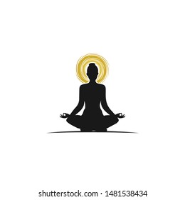 Woman lotus pose silhouette. Meditating girl illustration with yellow chakra circle around the head. Yoga studio logo. Meditation position vector for spa logo company. Mind, body & soul illustration.