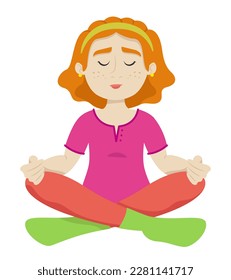 Woman in lotus position. Female character in cartoon style.