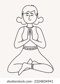 Woman in lotus position. Female person in outline style.