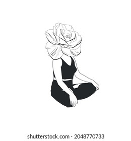 Woman in lotus position with flower. Esoteric drawing of meditating woman. Spiritual magical hand drawn art. 