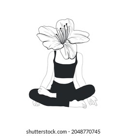 Woman in lotus position with flower. Esoteric drawing of meditating woman. Spiritual magical hand drawn art. 