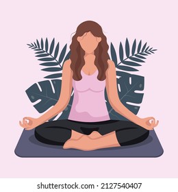 Woman in the lotus position. Healthy lifestyle, meditation, yoga, relax concept.  Vector illustration. Monstera and palm leaves on background