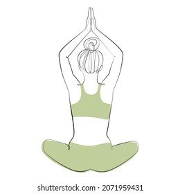 Woman in lotus position with her back one line drawing on white isolated background. Vector illustration