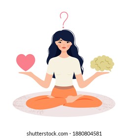 A woman in the Lotus position holds a heart and a brain in her hands. The concept of combining and balancing love and reason. The girl makes a choice of shower or brain.