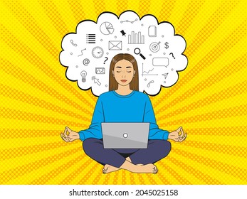 Woman in lotus position with laptop on her lap. Peace of mind when solving work tasks while working remotely. Pop art vintage vector illustration