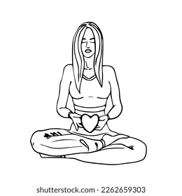 A woman in the lotus position meditates. Illustration of the asana. Illustration of a woman doing yoga with long hair in a tracksuit