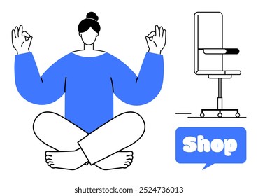 Woman in lotus position meditating beside an office chair. Modern minimalist design highlights balance between work comfort and stress relief. Ideal for wellness, office ergonomics, mindfulness