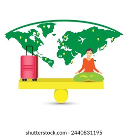 Woman in lotus position meditating on a see saw in balance with her luggage and the world map in background