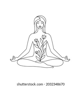 Woman in lotus position on white background. Yoga and relaxation concept. Line art icon. 