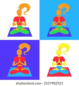 A woman in a lotus position on a yoga mat, different color variations. Concentration and meditation. Lifestyle and sports. Linear flat vibrant illustration