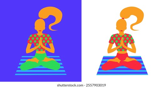 A woman in a lotus position on a yoga mat. Dotted t-shirt, striped mat. Different color variations. Concentration and meditation. Lifestyle and sports. Linear flat vibrant illustration