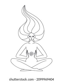 Woman in lotus position outline. Drawing Reiki energy between female hands. Vector line illustration connection of a person with the divine isolated on a white background.