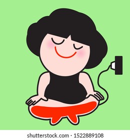 Woman In Lotus Position Was Plug In Recharging Herself Concept Card Character illustration