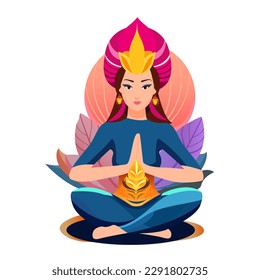 Woman in lotus position with raised hands. Medallion girl, yoga, india, arabic. Balance, harmony with yourself