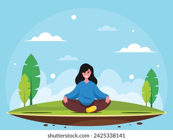 Woman in lotus position relaxing. Healthy lifestyle. Green meadow with trees. Rural landscape. Vector graphics