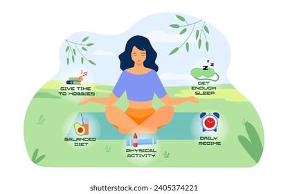 Woman in lotus position trying to find balance in life vector illustration. Physical activity, daily regime, balanced diet, getting enough sleep, having time for hobby. Stress relief, coping with