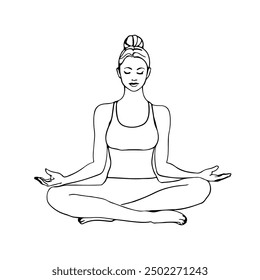 Frau Lotus Yoga Pose One Line Drawing. Weibliche Yoga Relax Linie Zeichnung. Abstrakte minimale weibliche Figur durchgehende einzeilige Illustration. Lotus Pose trendige Konturzeichnung. Vektor-EPS 10.