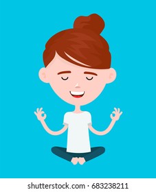 Woman in a lotus yoga pose relaxes. Vector modern flat style cartoon character illustration. Isolated on white background. 