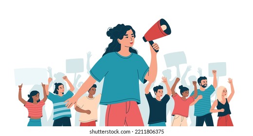 Mujer con altavoz y multitud furiosa en protesta, huelga. Concepto de manifestación pacífica de los derechos humanos. Grupo de personas diversas, estudiantes en piquete. Ilustración vectorial plana aislada